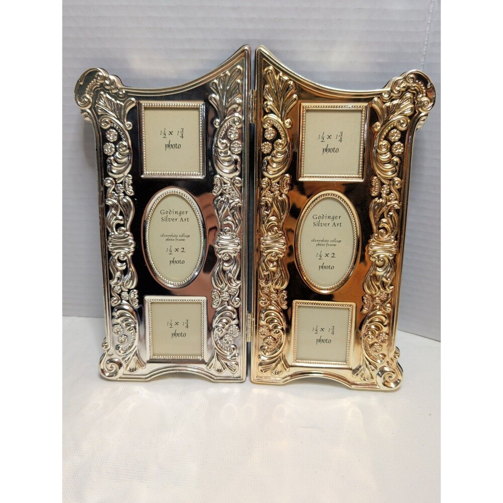 Godinger Vintage Ornate Silver Plate Art Collage Bi-Fold Photo Picture Frame